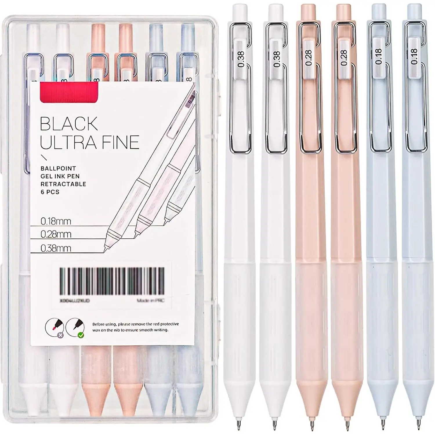 Retractable Gel Roller Pens,  Pen Style, Ultra Fine Point (0.18mm / 0.28mm / 0.38mm), Quick Dry Black Gel Ink,  and smooth writing, Comfortable Grip, 6-Count Pack