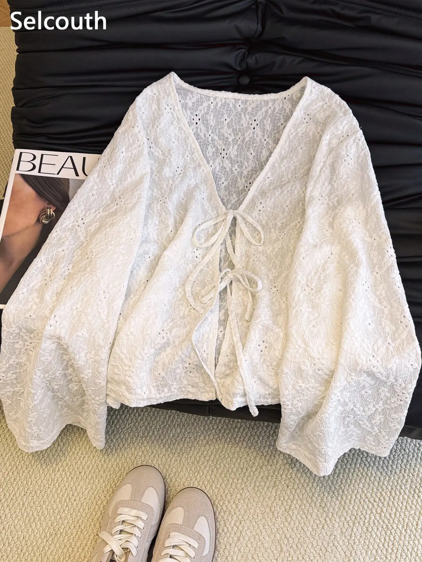 Sheer Lace Open Front Top, Loose Batwing Sleeve Design, Breathable Mesh Material, Lightweight Sun Protection Outerwear, Batwing Sleeve Blouses, Feminine