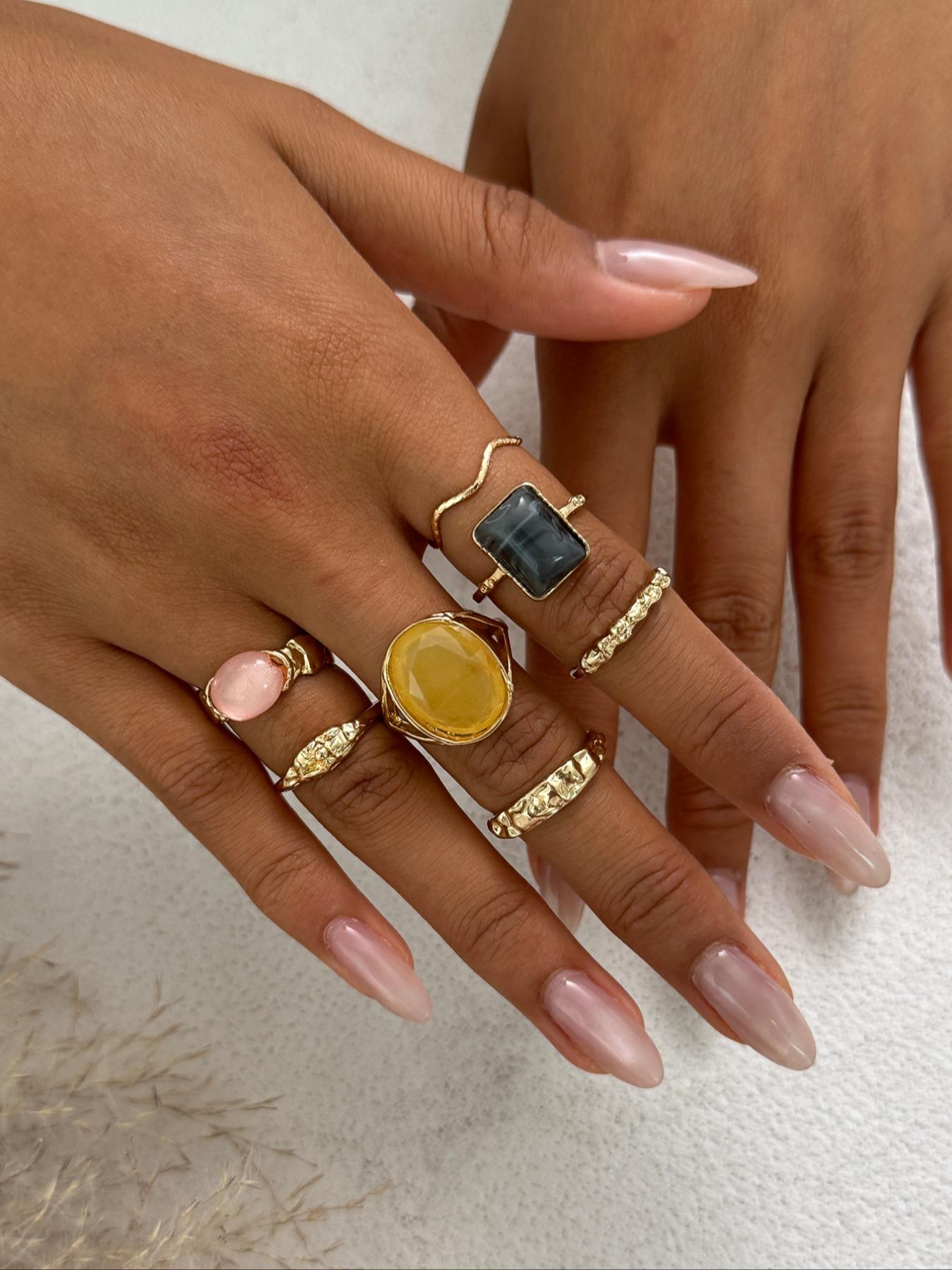 Boho Style Glass Gemstone Set, Vintage Multi-Element Jewelry Collection, Perfect Gift for Women, All Season Wear, Boho Style Rings