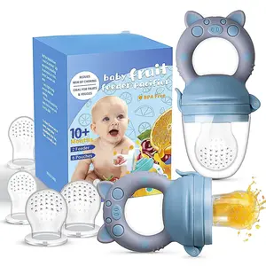 Baby Fruit Food Feeder Pacifier - Fresh Teething Pacifiers, Infant Fruit Teething Teether Toy  3-24 Months, 6 Pcs Silicone Pouches  Toddlers & Kids & Babies, Piggy Handle 2-Pack (Blue & Gray)