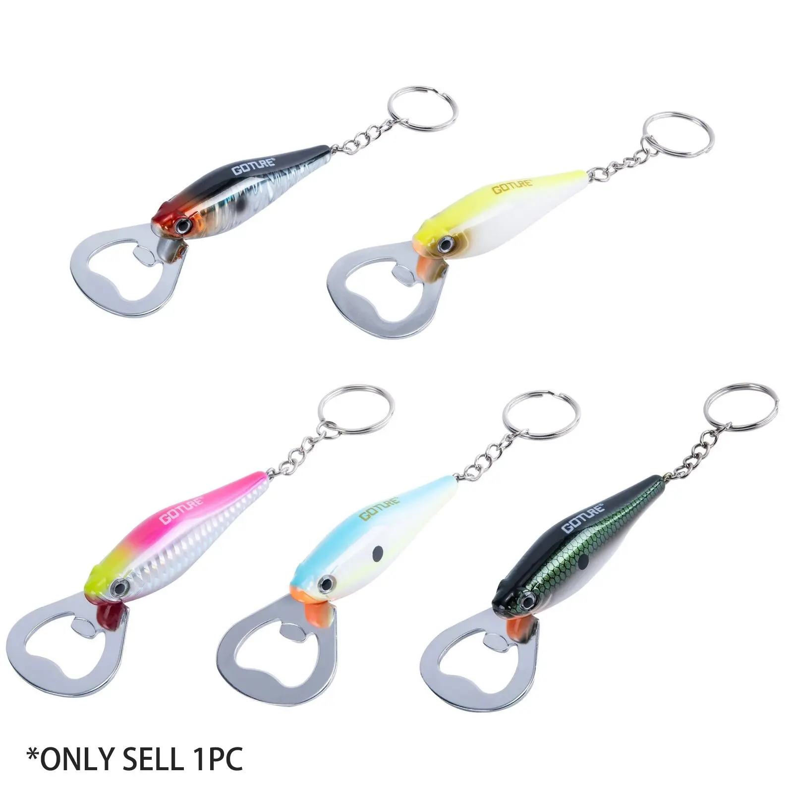Goture 1pc Fishing Lure Bottle Opener Keychain VIB Hard Bait Shaped Beer Opener Key Ring Novelty Fishing Gift for Anglers Fishermen Portable Outdoor Beverage Opener