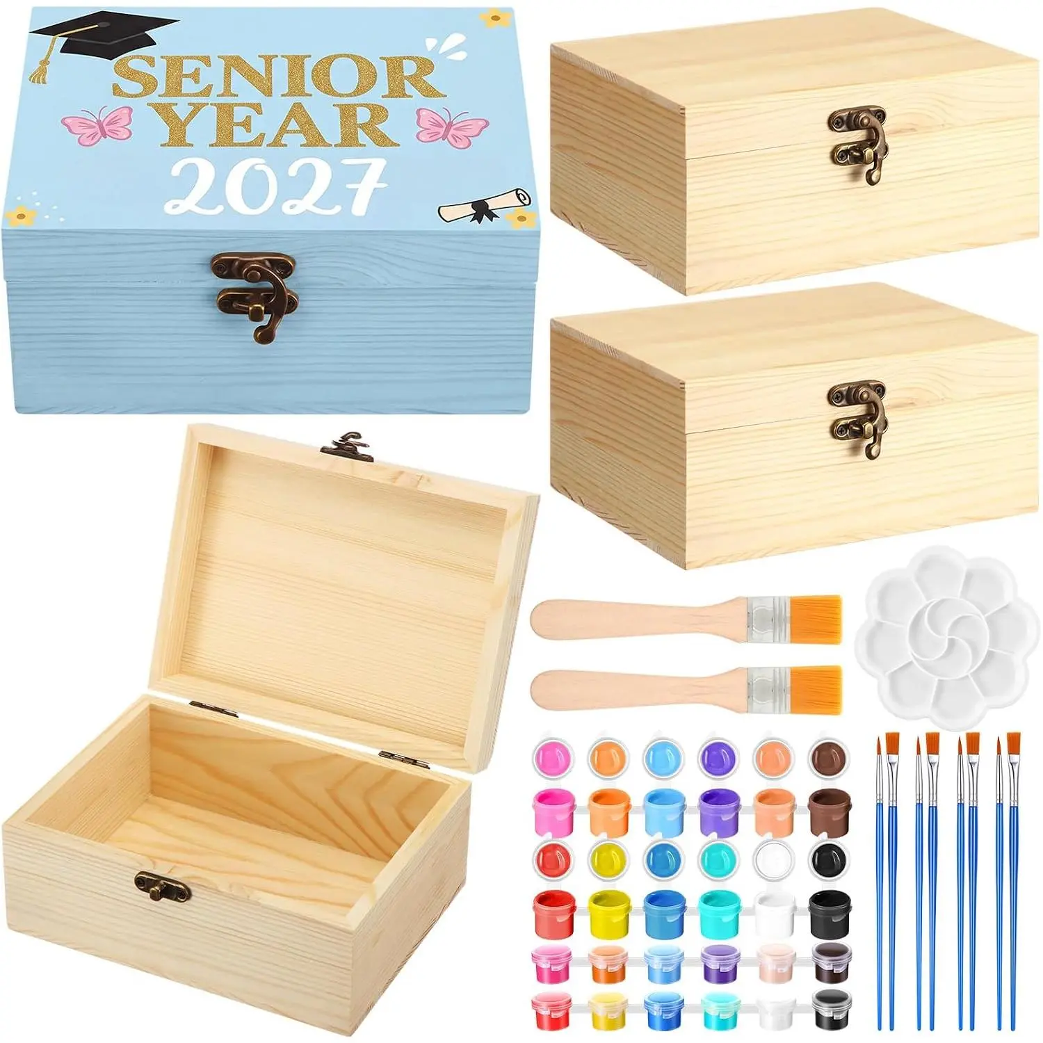 3-Pack 2027 Senior Memory Boxes for Graduates, Unpainted Pine Wood DIY Storage Organizer Kit with Hinged Lid & Brushes, Personalized 6.7X5x3" Inch Home/Festive Party Gift for Him/Her