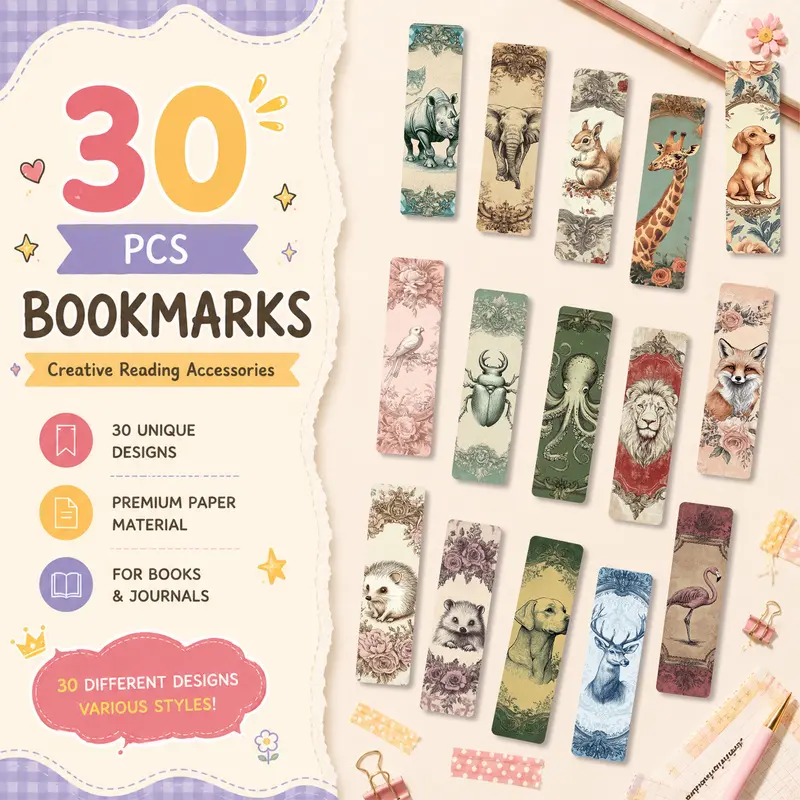 30PCS Classic antique frame animals Aesthetic Bookmarks for Reading, Creative Page Markers for Books, Students, Office Supplies and Gift Decoration
