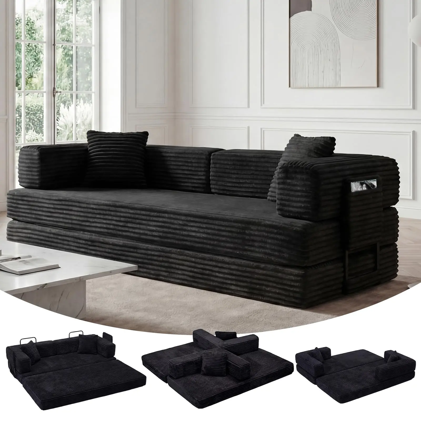 5-in-1 Corduroy Convertible Sofa Bed with Chenille Upholstery - 80.7in Loveseat Floor Bed, No-Tool Folding Design, Removable Washable Cover, Ideal for Small Living Rooms or Bedrooms