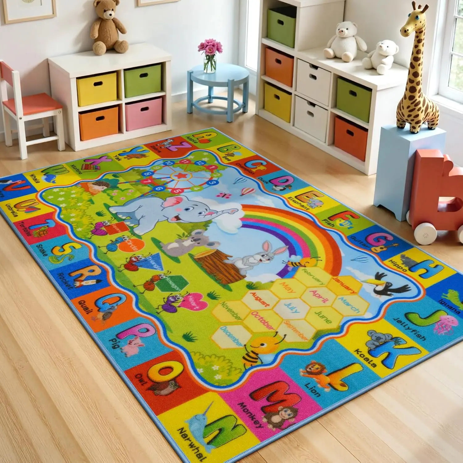 STARUIA 3x5ft Soft Polyester ABC Kids Rug - Alphabets/Animals Design, Non-Slip, for Classroom/Playroom, Promotes Learning Fun