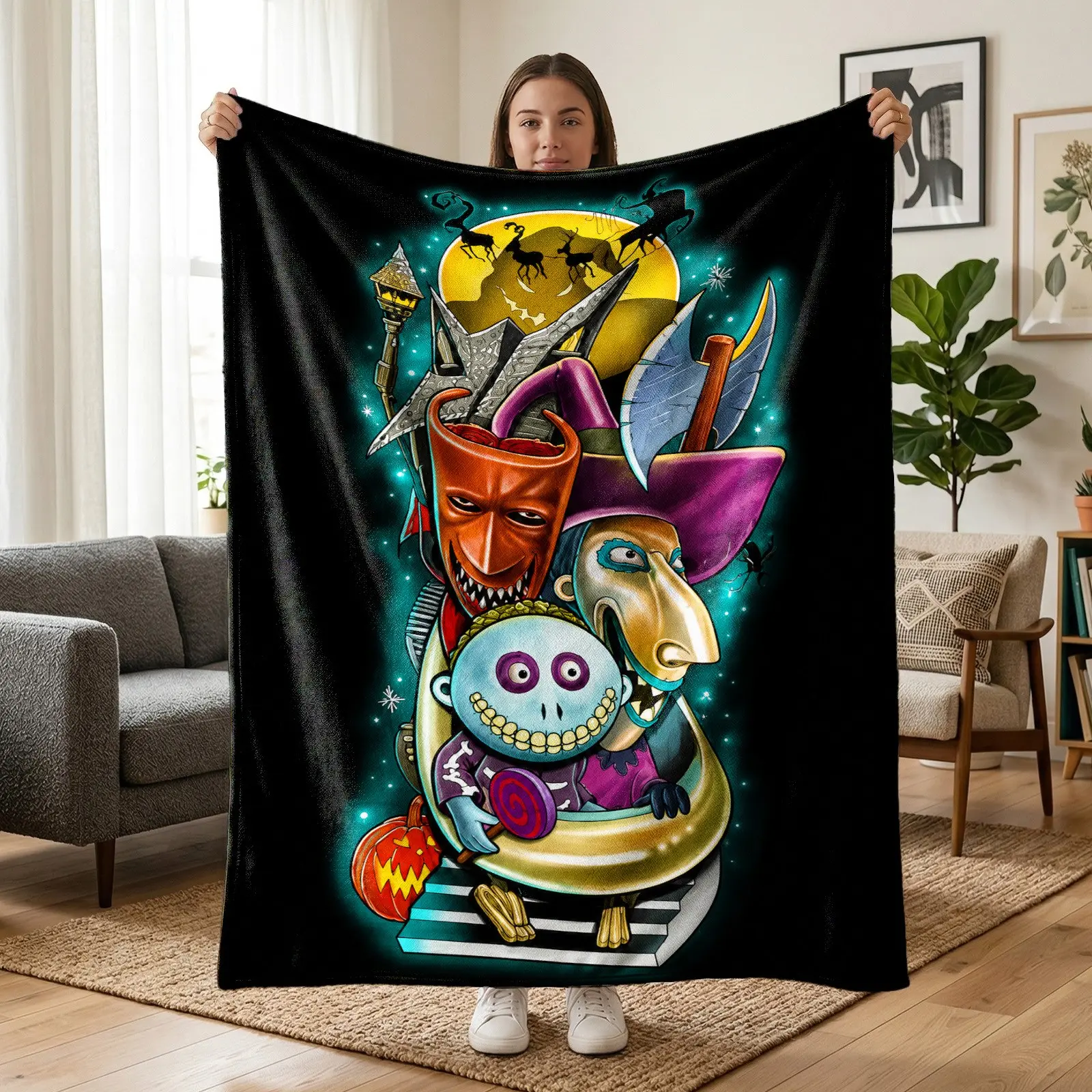 1pc Black Background The Nightmare Before Christmas Halloween Themed Flannel Blanket, Full Print Lock, Shock, Barrel, Jack-o'-lantern, Swirl Lollipop, Full Moon Silhouette, Vintage Street Lamp, Gothic Dark Style. Soft Warm Cozy Nap Blanket, Suitable for S