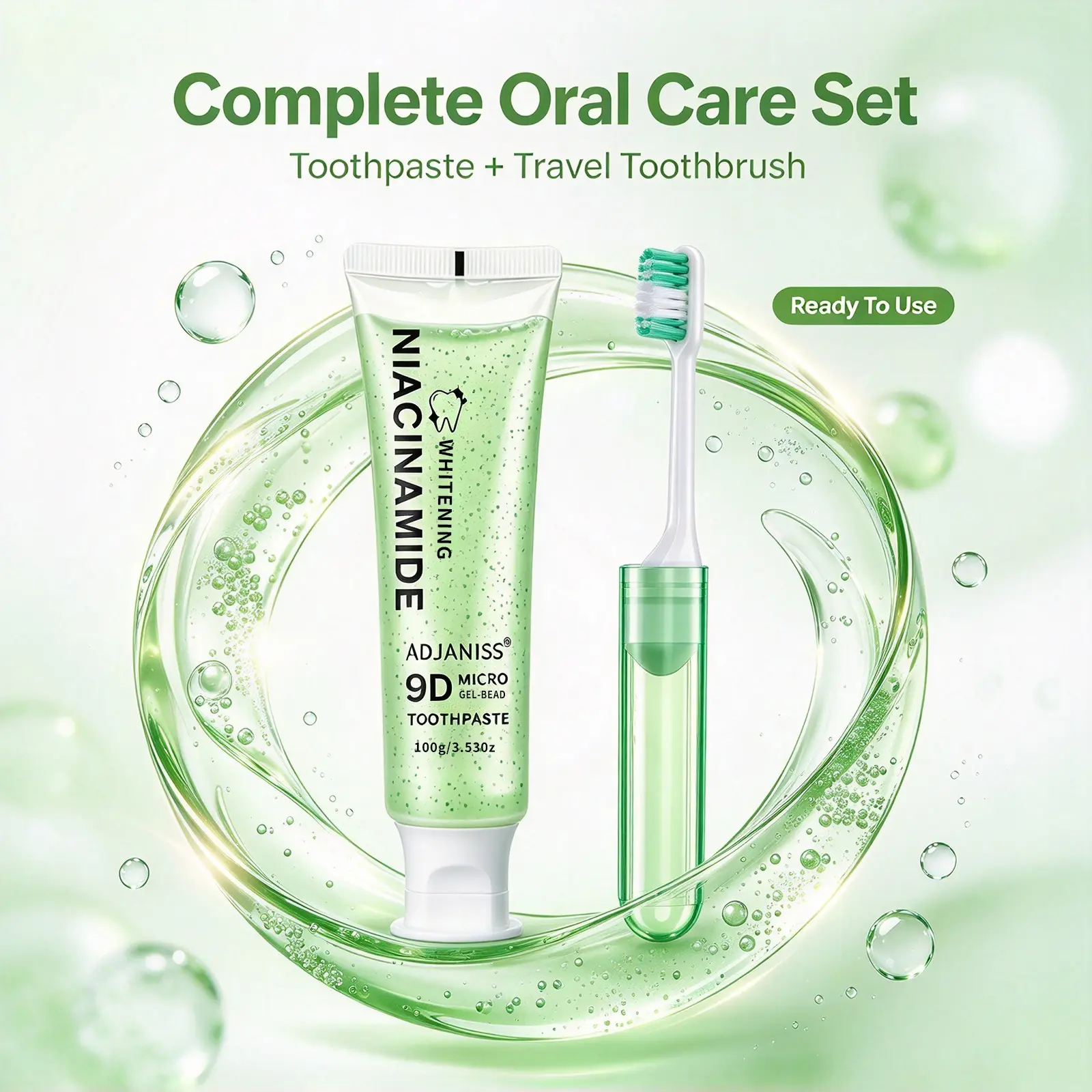 Adjaniss Niacinamide Oral Brightening Toothpaste Set, Mint Fresh Microbeads Toothpaste + Portable Travel Brush, Daily Oral Care Kit for Travel