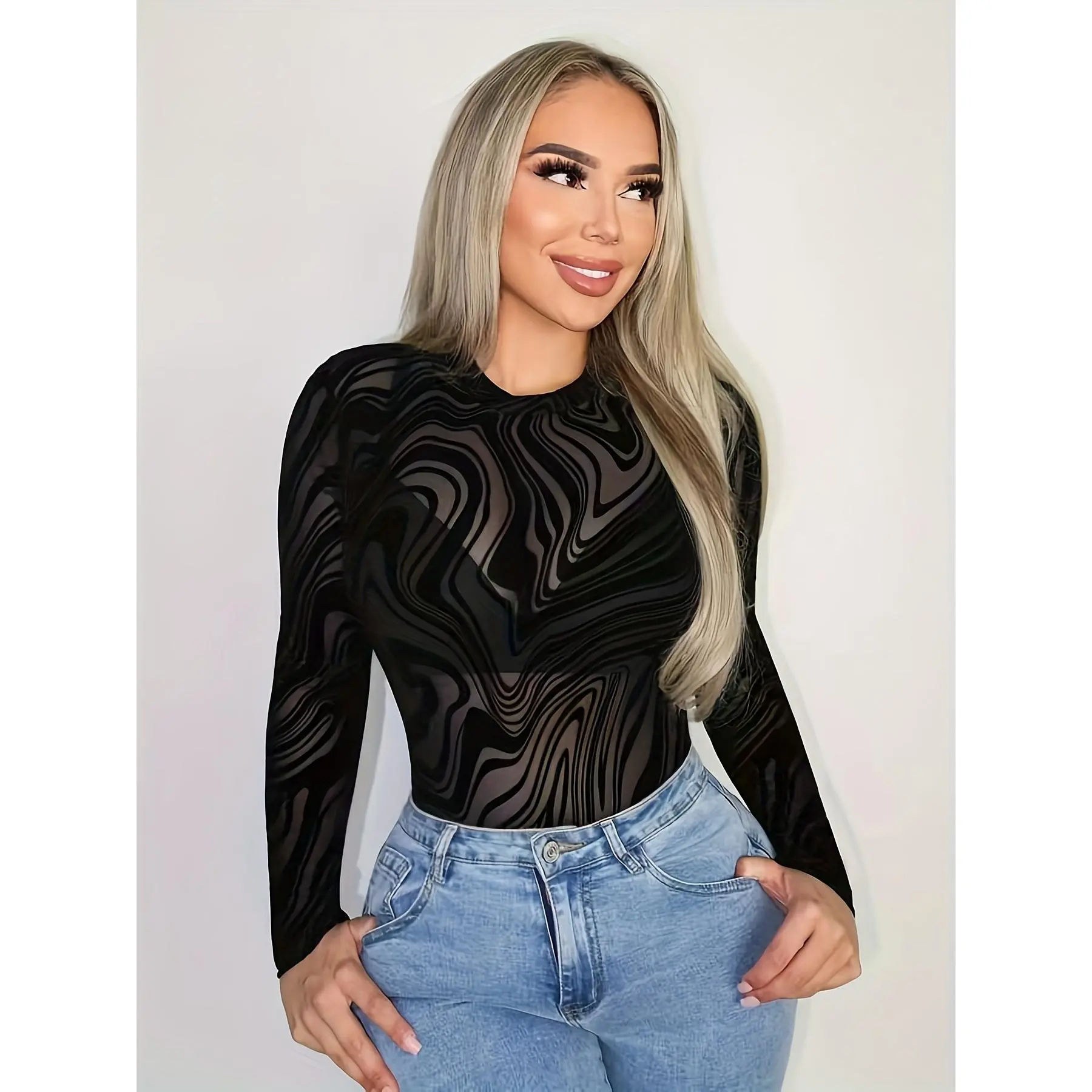 Elegant Textured Flocking Long Sleeve Bodysuit (Marble Pattern)