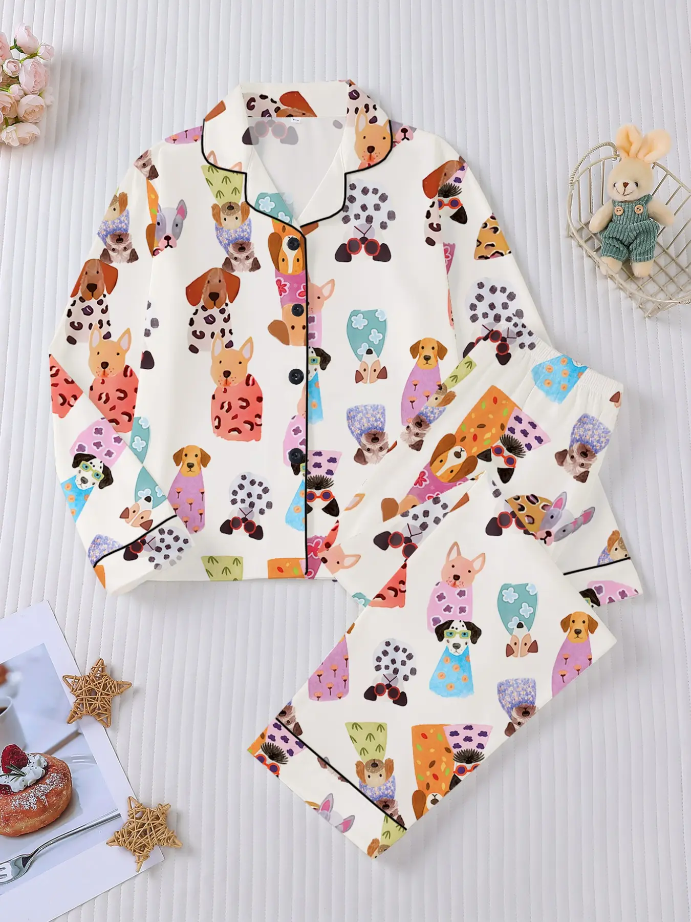 Flame-Retardant Breathable Pajama Set, Cute Cartoon Dog Print, Long Sleeve Shirt and Loose Pants, Casual Fall & Winter Sleepwear