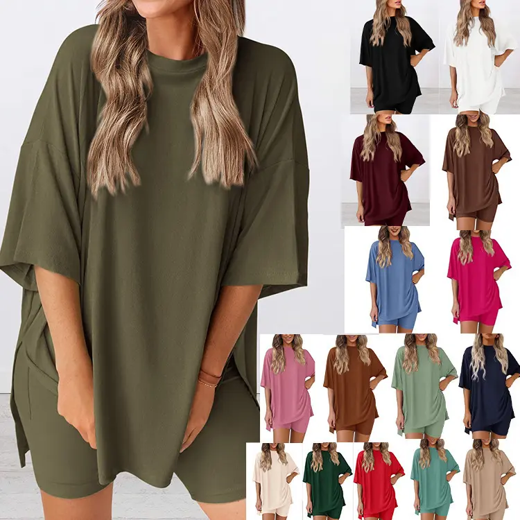 NBGRLVS Lady's Summer Loose Fit Clothing Sets, Casual Solid Color 2-Piece Short Sleeve Top and Shorts for Sports & Outdoor, Basic