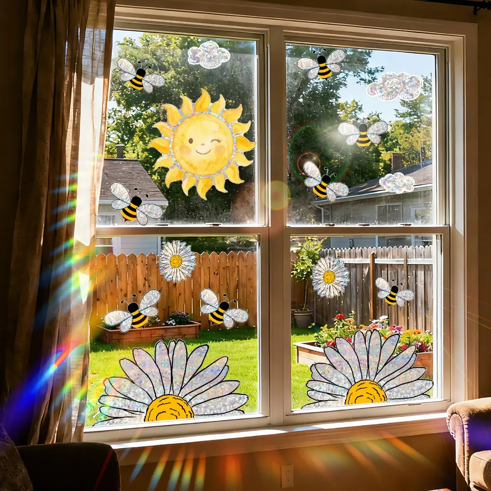4Pcs Set (3040cm4pcs) Static Cling Window Stickers, Colorful Daisy & Sun Design, Suncatcher Glass Decals for Home Decor, Flower Window Clings