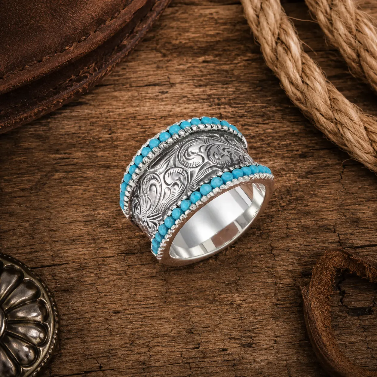 Women's Vintage Retro Alloy Metal Western Turquoise Accent Statement Ring - Engraved Swirls Thick Band, Boho Southwest-Inspired Cowgirl Jewelry for Everyday Wear Gift, Us Size 6-9