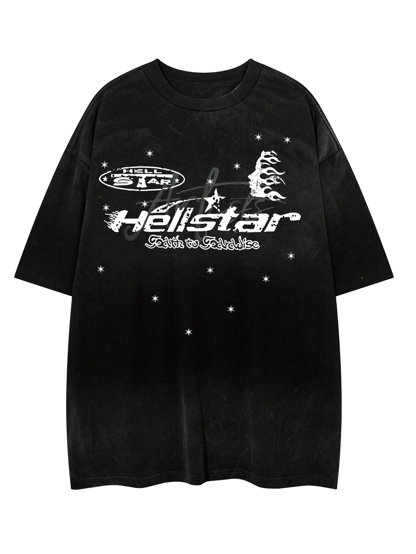 American Vintage High Street Trendy Star and Flame Letter T-Shirt, Men's Summer New Fashion Casual Versatile Short Sleeve Top