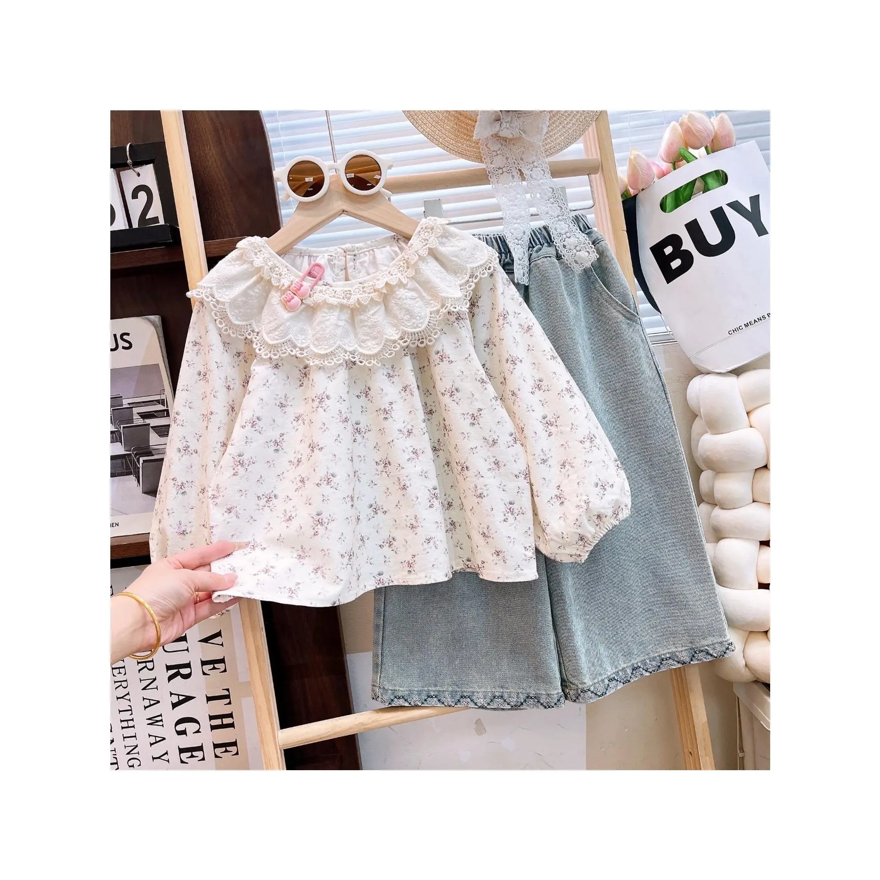 DB 2026 Girls' Casual Slight Stretch Doll Collar Floral Shirt & Jeans 2-Piece Set, Spring & Autumn New Cute Outfit for Little Girls, Outdoor Use