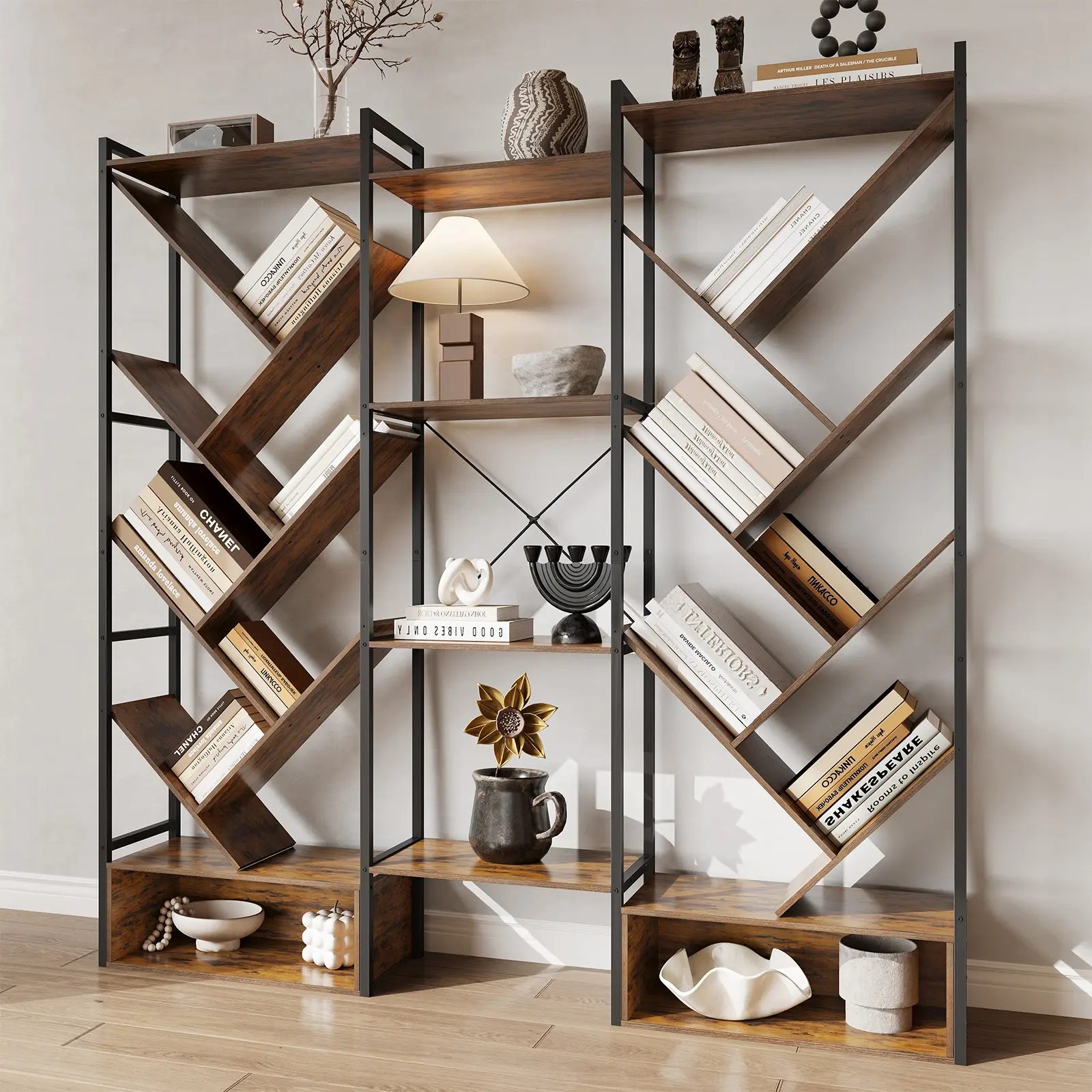 70" Tall Triple-Wide Tree Bookshelf, 6-Tier Industrial Bookcase with 24 Open Display Shelves, Metal Frame & Wood Look, for Home Office/Living Room