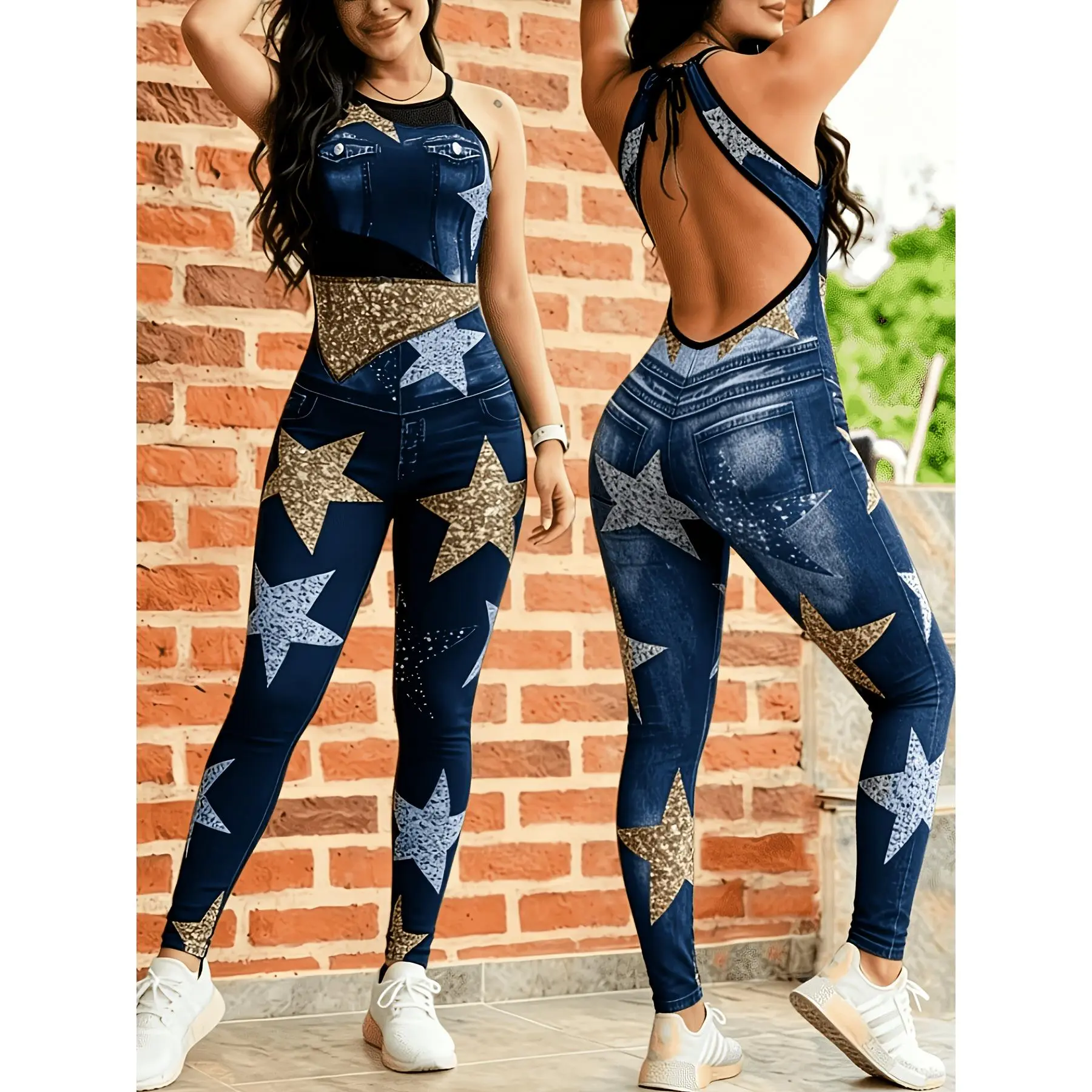 Women's Sleeveless Slim-Fit Stretchy Polyester Knit Backless Star Print Faux Denim Overalls - Casual Streetwear for Spring & Fall, Sexy Stretch Jersey Jumpsuits & Rompers