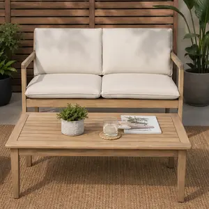 ARCH Outdoor Acacia Wood Loveseat Set with Coffee Table for 2 Persons, Light Teak Frame, Beige Water-Resistant Cushion, Patio Porch Garden Furniture, Slatted Backrest Design, Easy Assembly, Light Teak Color Options, Acacia Wood Material