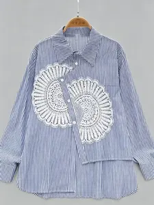Blue Striped Asymmetrical Blouse for Women, Fall Design Hollow Out Lace Applique, Loose Fit Long Sleeve Shirt, Fashionable and Slimming