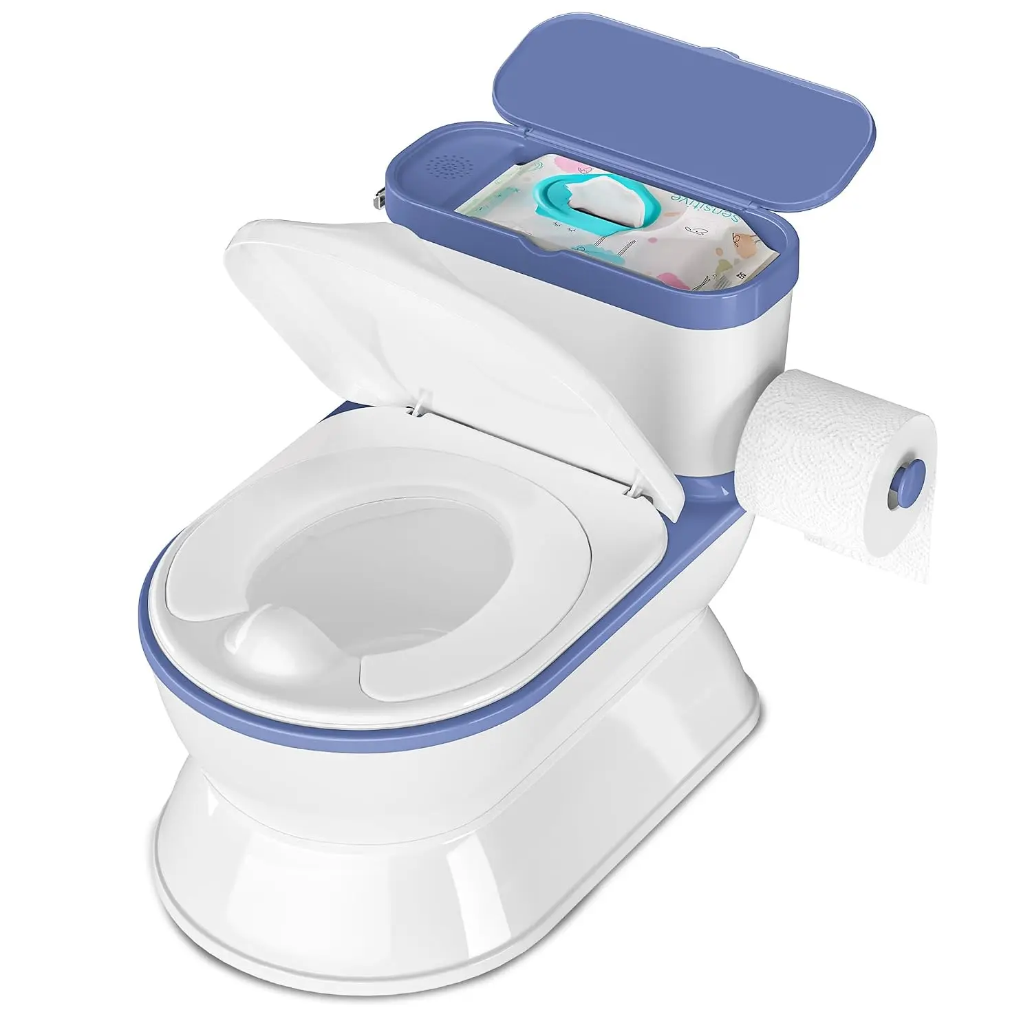 2-in-1 Toddler Potty Training Toilet - Larger Potty Chair & Detachable Training Seat  Boys & Girls Ages 1-3 with Flushing Sound, Wipes Storage, Toilet Paper Holder - Blue