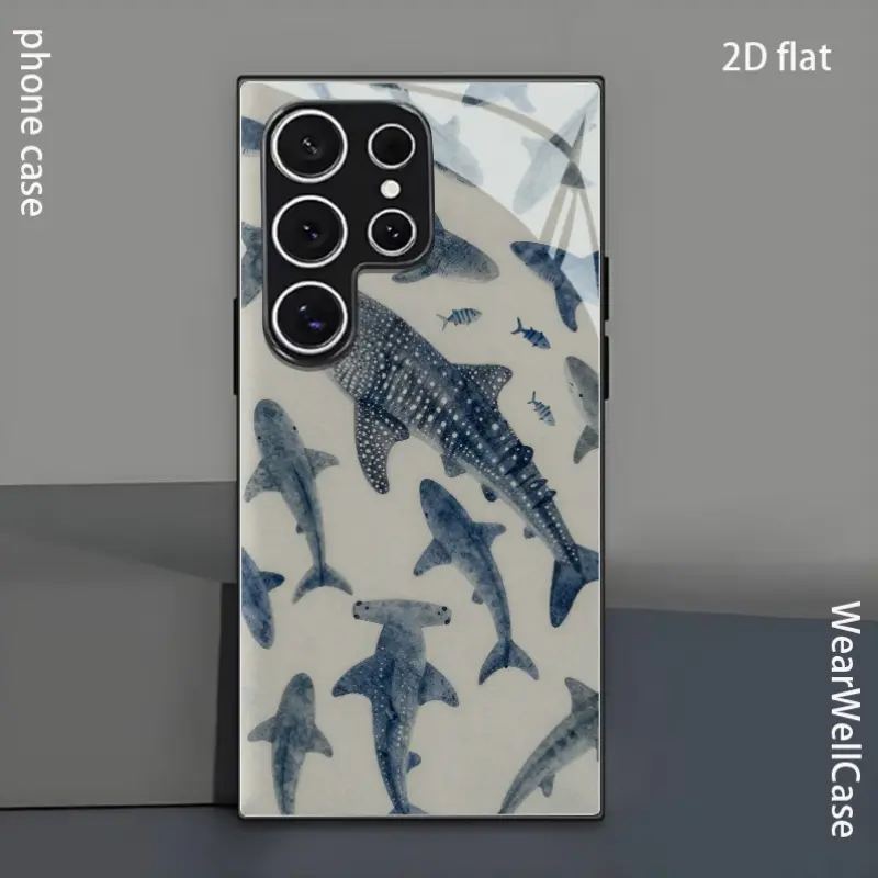 Phone Case - Watercolor Whale Shark Scene Black Tempered Glass Phone Case, for Galaxy S26 S25 S24 S23 S22Pro S21 S20 Fe Plus Ultra Pro A56 A55 A54 A53 A52 A51 A36 A35 A34 A32 A26 A25 A24 A23 A16 A15 A14 A06 A05 A03s