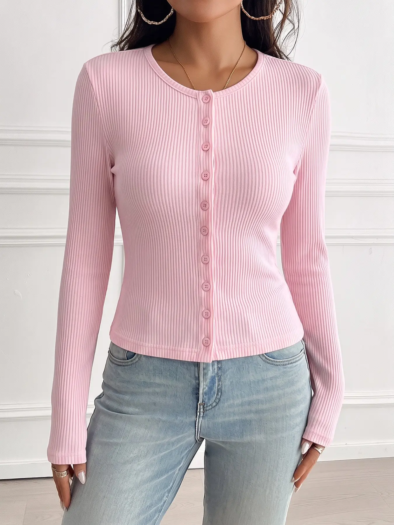 Pastel Pink Y2K Stretchy Ribbed Knit, Knitwear Button Front Round Neck Long Sleeve Cropped Cardigan Slim Fit Figure Flattering Casual Streetwear Date Office Layering Lightweight Breathable Versatile Sweater Blouse For Women Soft Skin Friendly Fabric