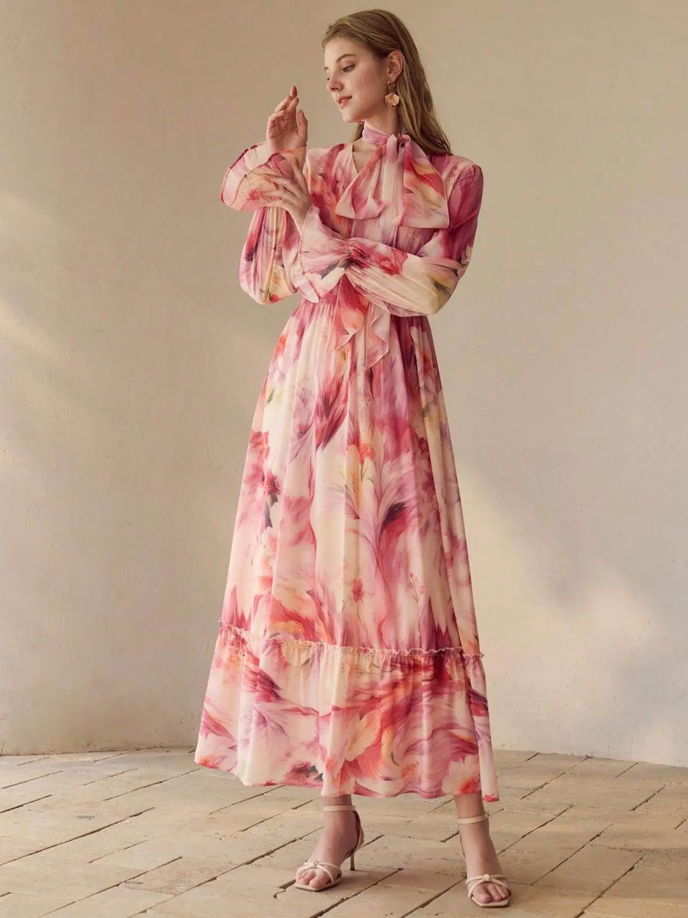 Floral Print Belted Waist Dress for Women, Long Sleeve Romantic Style, Perfect for Daily Wear, Travel, Dates, Parties