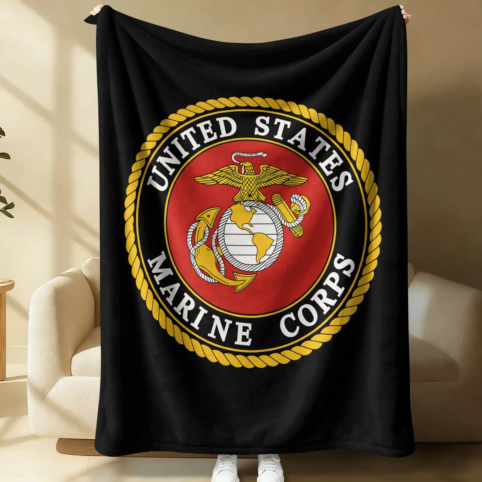 USMC United States Marine Corps Eagle Globe Anchor Flannel Throw Blanket, Black Official Military Emblem Print, Oversize Lightweight Multi-use Blanket for Nap, Camping, Travel & Sofa Bed, Veteran Gift for Marines