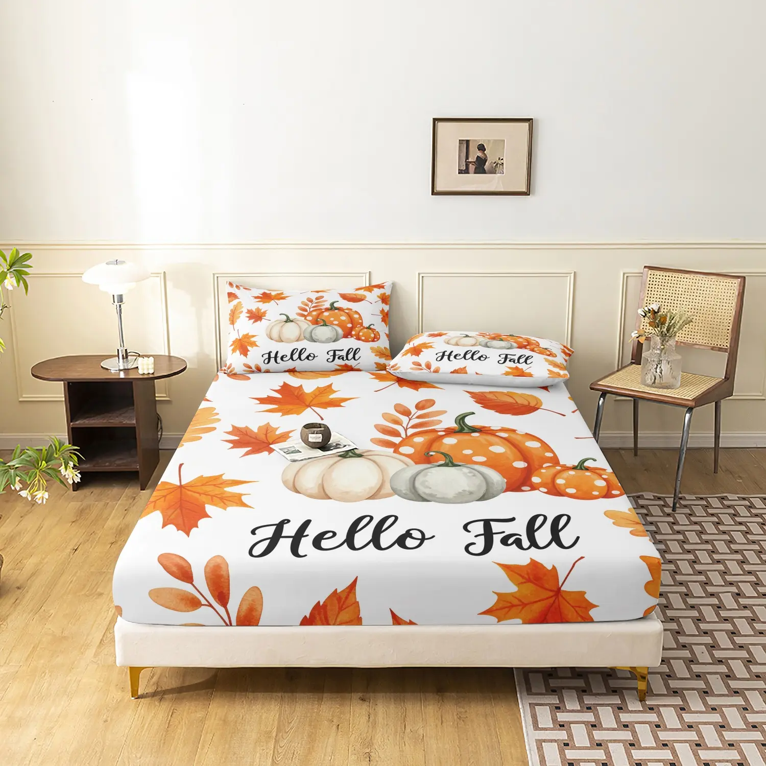  3 Pieces Autumn Pumpkin Maple Leaf Print Fitted Sheet Set, Hello Letter Watercolor Harvest Printed Bedding, For Bedroom Home Decoration, Multiple Sizes Available (1 Fitted Sheet + 2 Pillowcases, No Pillow)
