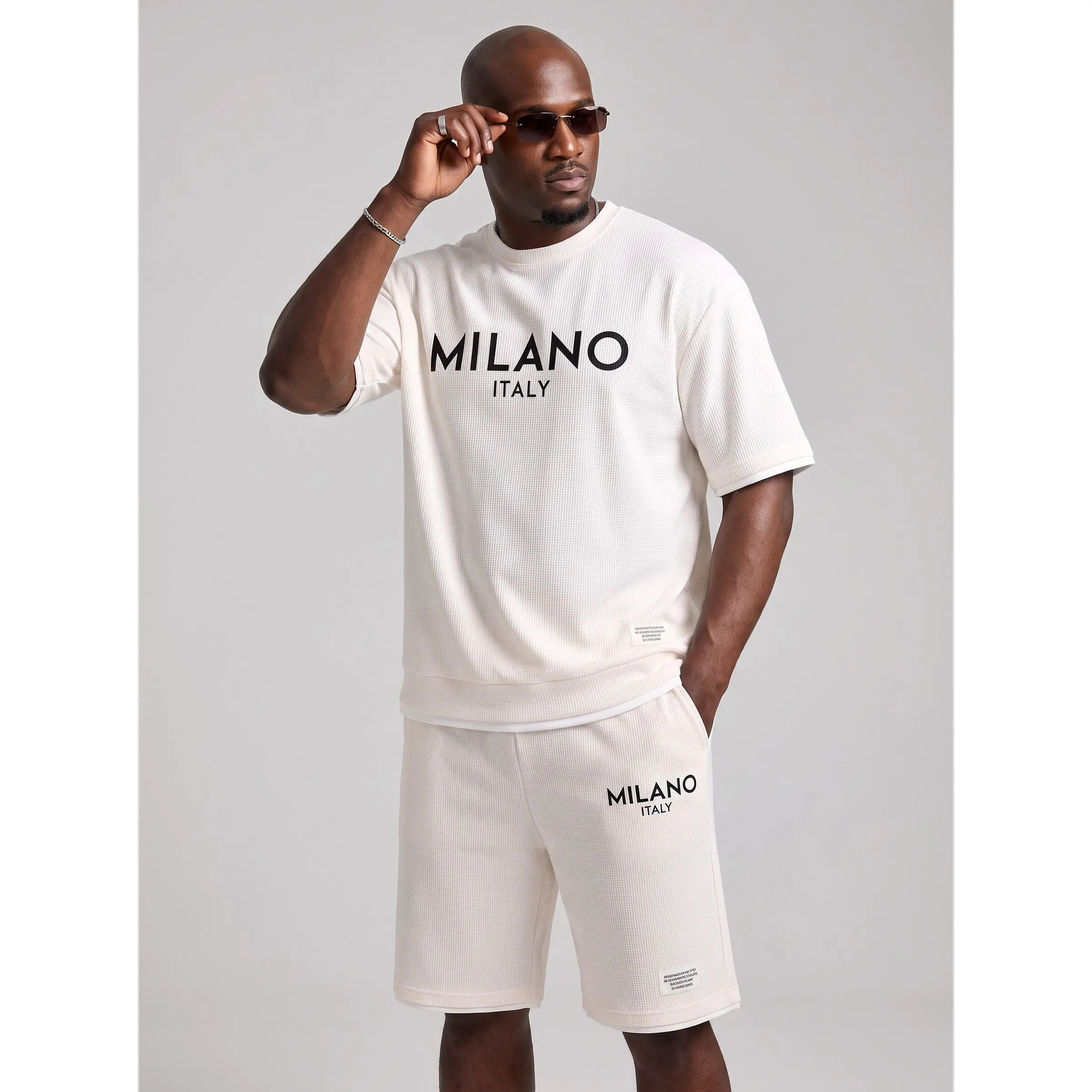 KZZ Men's 2-Piece Minimalist Menswear Set - Plain Waffle Knit Summer Tracksuit with Graphic Short-Sleeve Round Neck Tee and Stylish Drawstring Shorts
