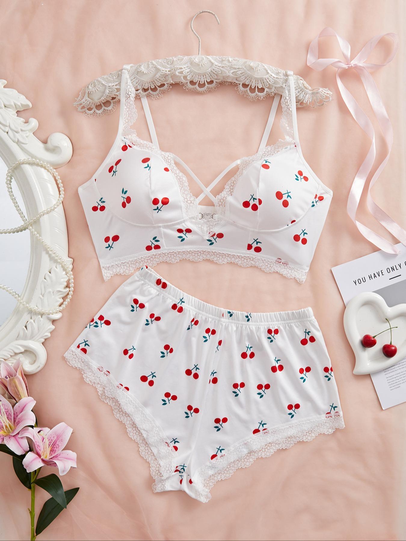 【Plus Size】 Cherry Print Bra & Panty Two-Piece Set, Lady Contrast Lace Detail Bra & Panty, Cheeky Bottoms Plus Size, Women's Underwear Set for All Seasons, Bra Sets