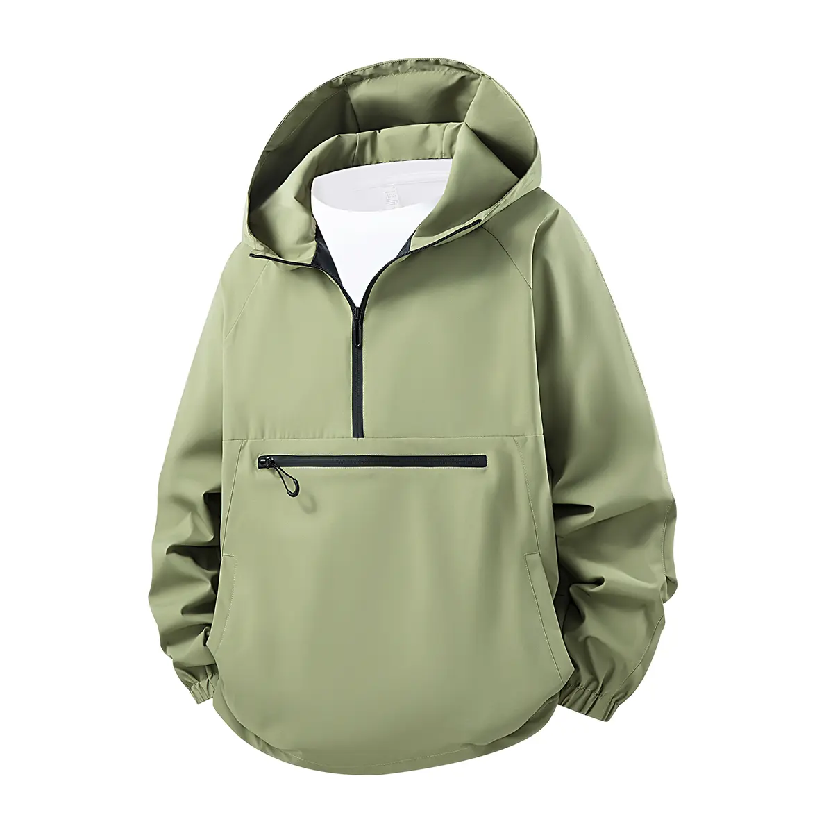 Men's half zip pullover hooded jacket with front zip pocket waterproof workwear pullover jacket, suitable for autumn and winter walks, camping, and daily wear.