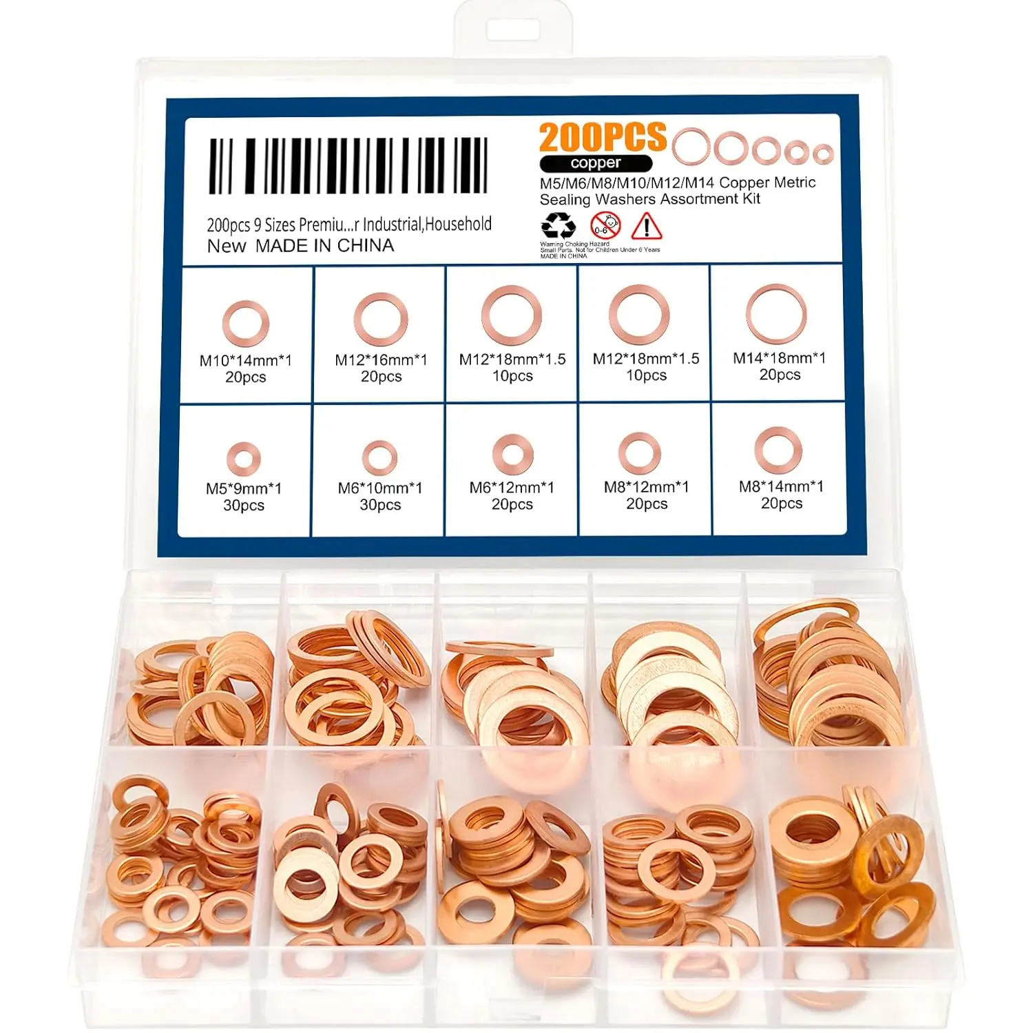 200 count 9 Sizes  Copper Metric Sealing Crush Washers  Kit,Flat Sealing Washer M5 M6 M8 M10 M12 M14,Flat Ring Sump Plug Oil Seal Gasket Sealing Fitting Washers for Industrial,Household
