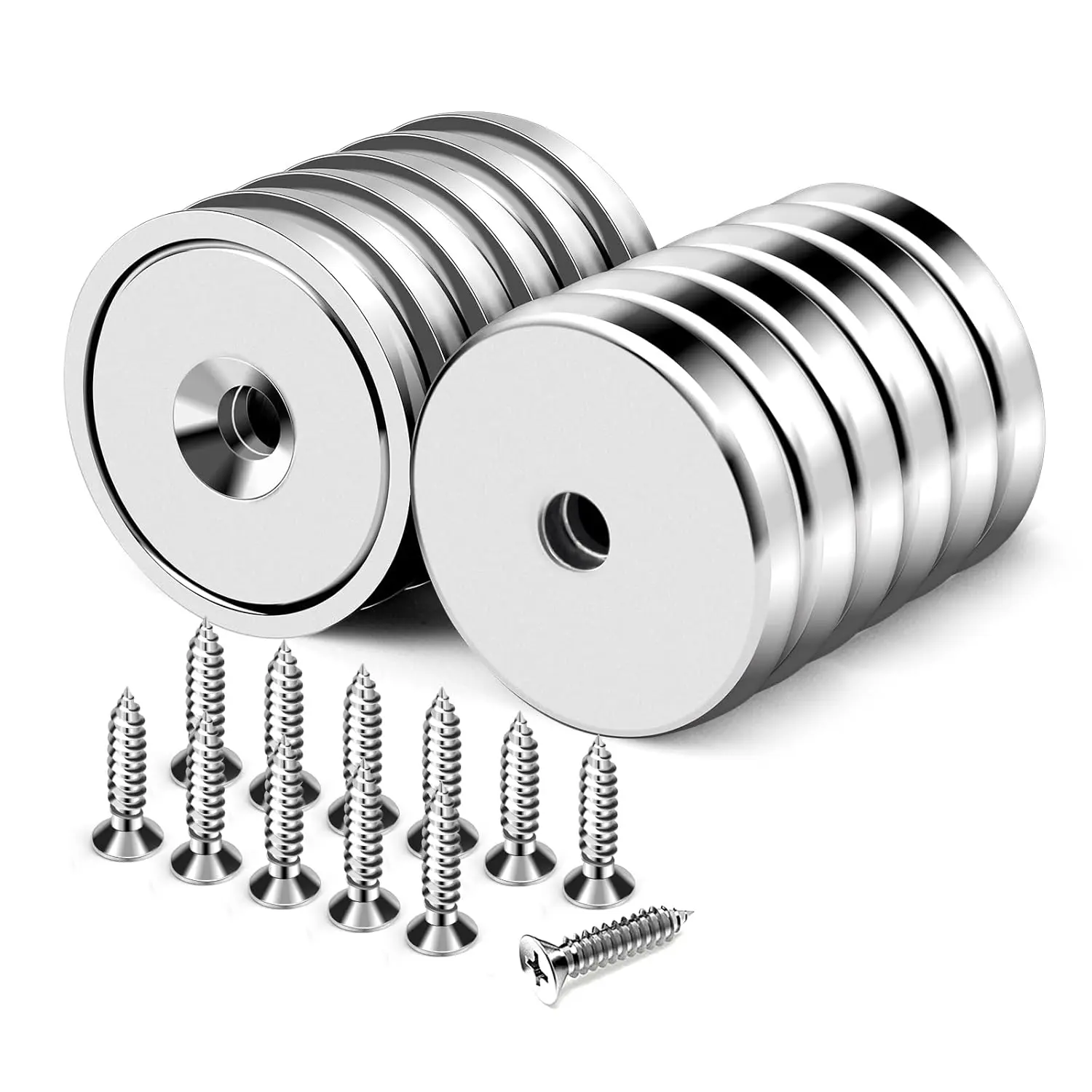 Rare Earth Neodymium Magnets (12-Pack) - 60LBS Strong Round Base Cup Magnets, 0.98in Dia with Countersunk Hole, Stainless Screws & Fixation Tools for Refrigerator, Lamps, Clocks, Machines