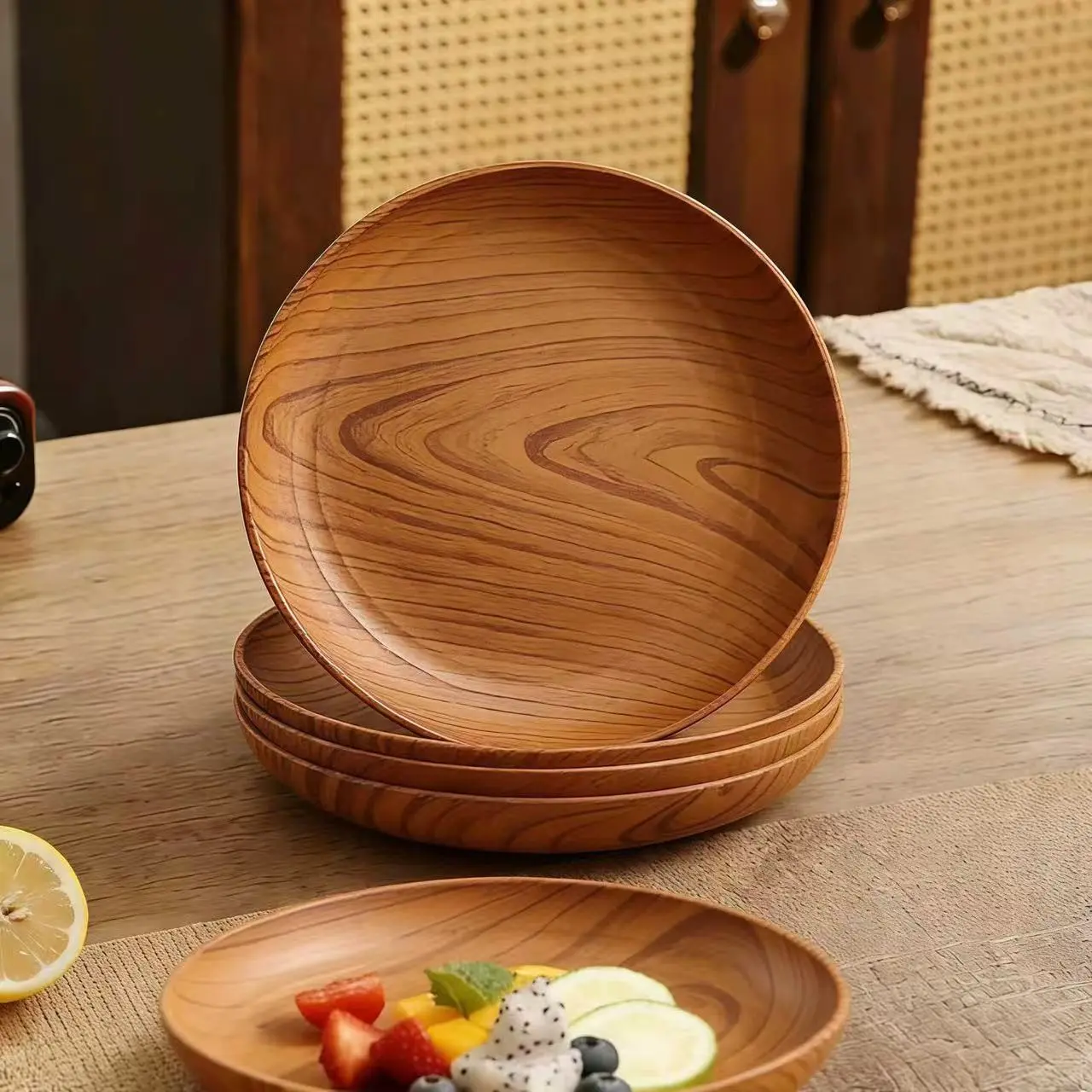 4/6/8pcs Plastic Dishes, Salad Plates Set, Wood Grain Pattern Texture, Lightweight Luxury High-End, Perfect for Modern Table Settings, Elegant Dining Essentials