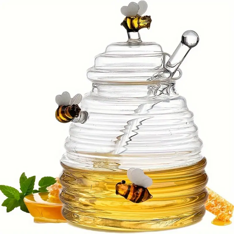 1pc Glass Honey Jar with Stirring Rod High Borosilicate Transparent Storage Container for Honey Jam with Lid Funnel Design Glass Storage Containers
