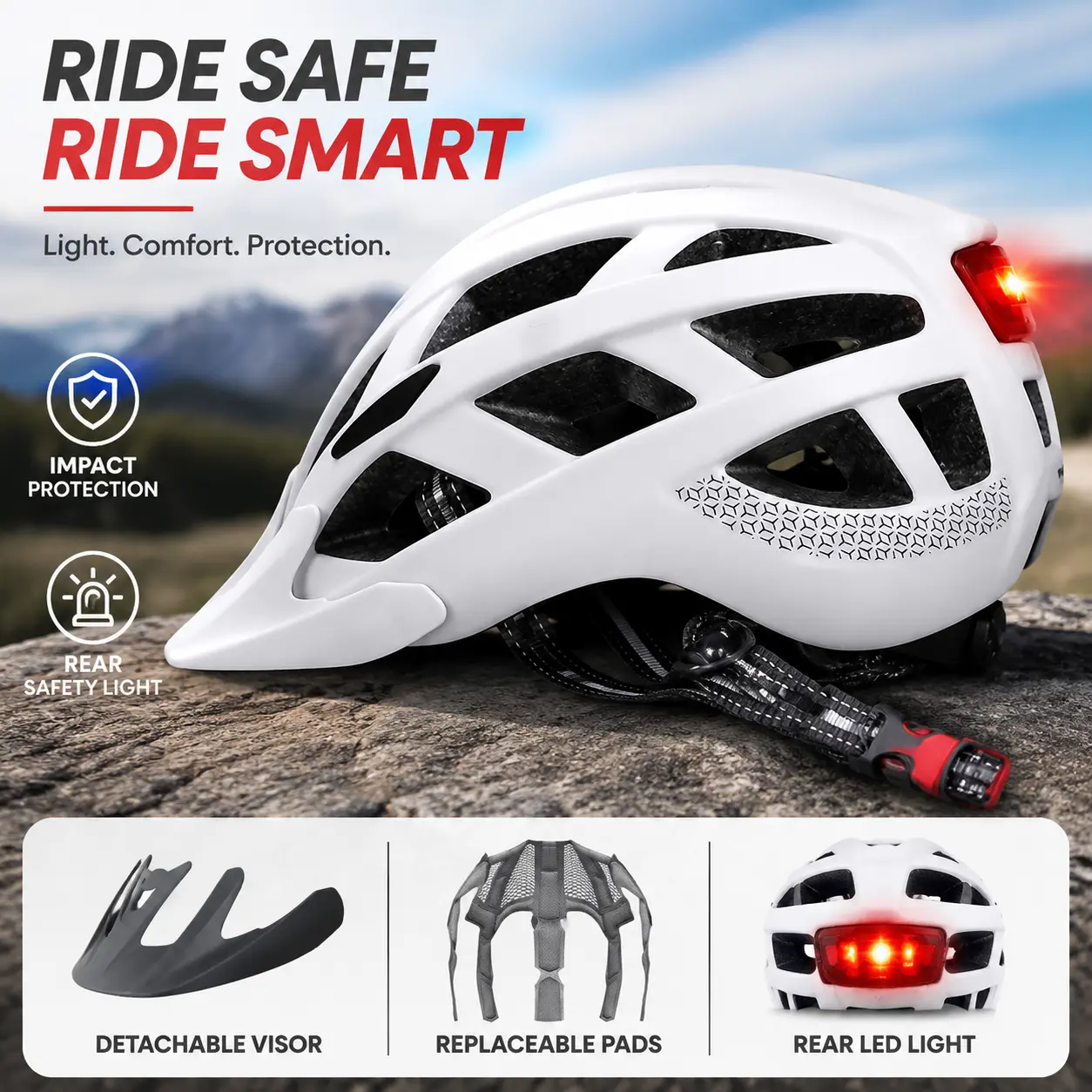Unisex Adult Bicycle Cycling Helmet with Light, Adjustable Fit, Safety Focus — Mountain Riding Gear with Replacement Pads, Detachable Visor for Outdoor Cycling