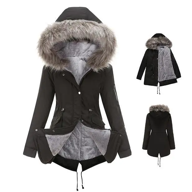 BIGWIG women's loose coat, women's long jacket, thick coat, warm and fashionable winter fleece lining, hooded snow coat, double side pocket coat, winter warm plush coat, cotton down jacket