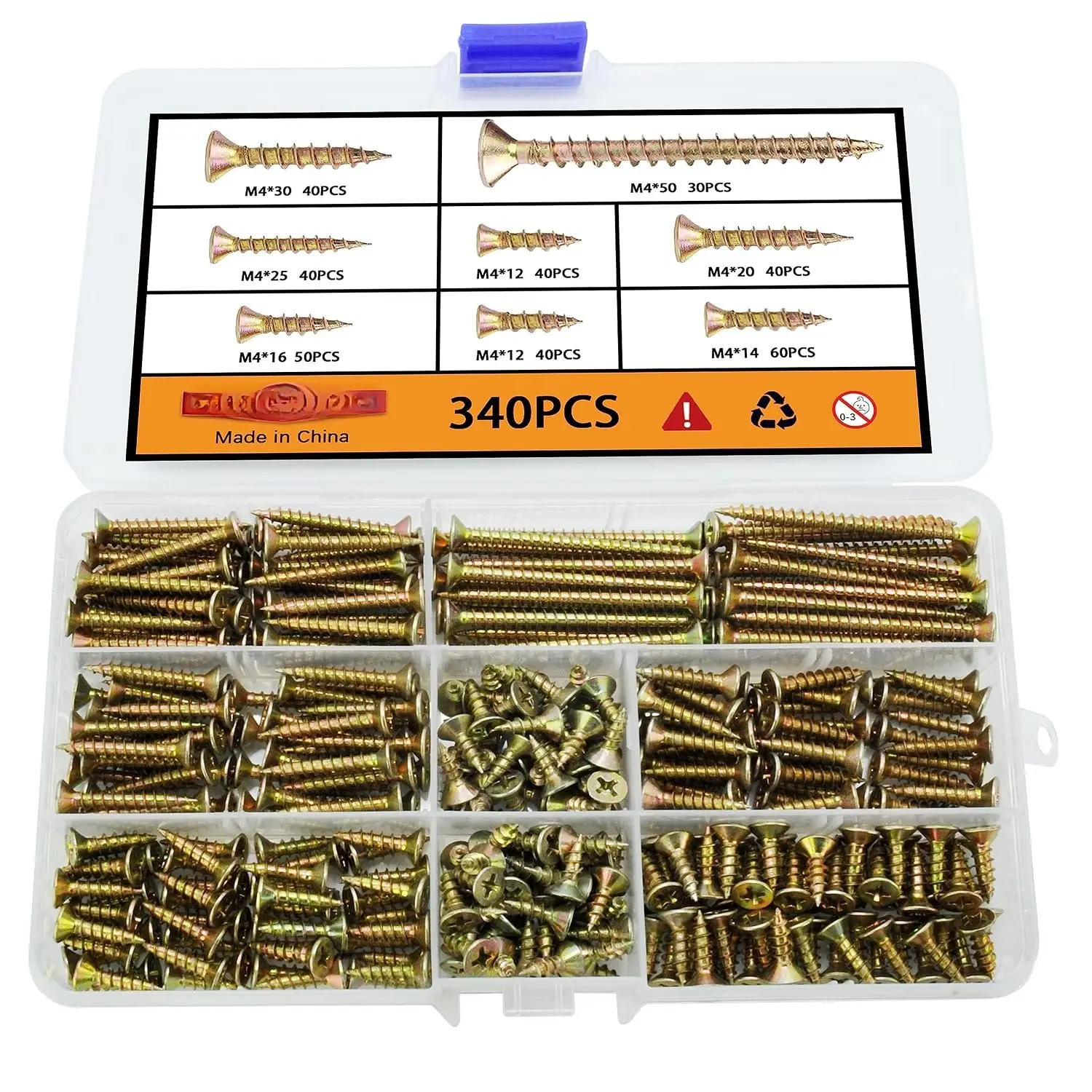 M4 Flat   Screws  Kit 340 count,Phillips Drive Countersunk Flat  Self-Tapping  Screws,Yellow Zinc Plated Finish Screw Kit,Self Tapping Screws for Metal,Full Thread