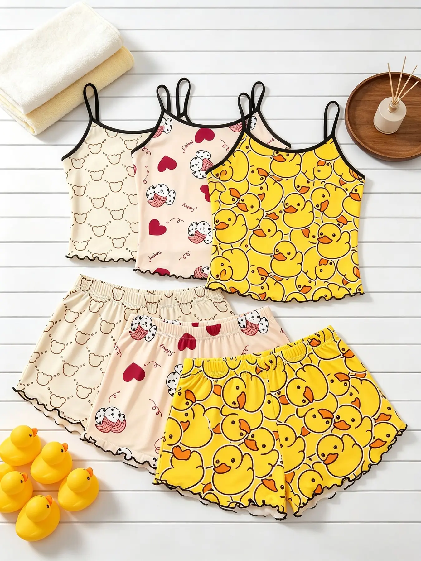 Women's Sleepwear 6 Pack Value Matching Set Yellow Rubber Duck Bear Head Heart Cookie Print Summer Spaghetti Strap Lettuce Ruffle Hem Contrast Trim Soft Breathable Lightweight Stretchy Cami Top Shorts Home Lounge Casual Daily Wear Multipack Sleep Set