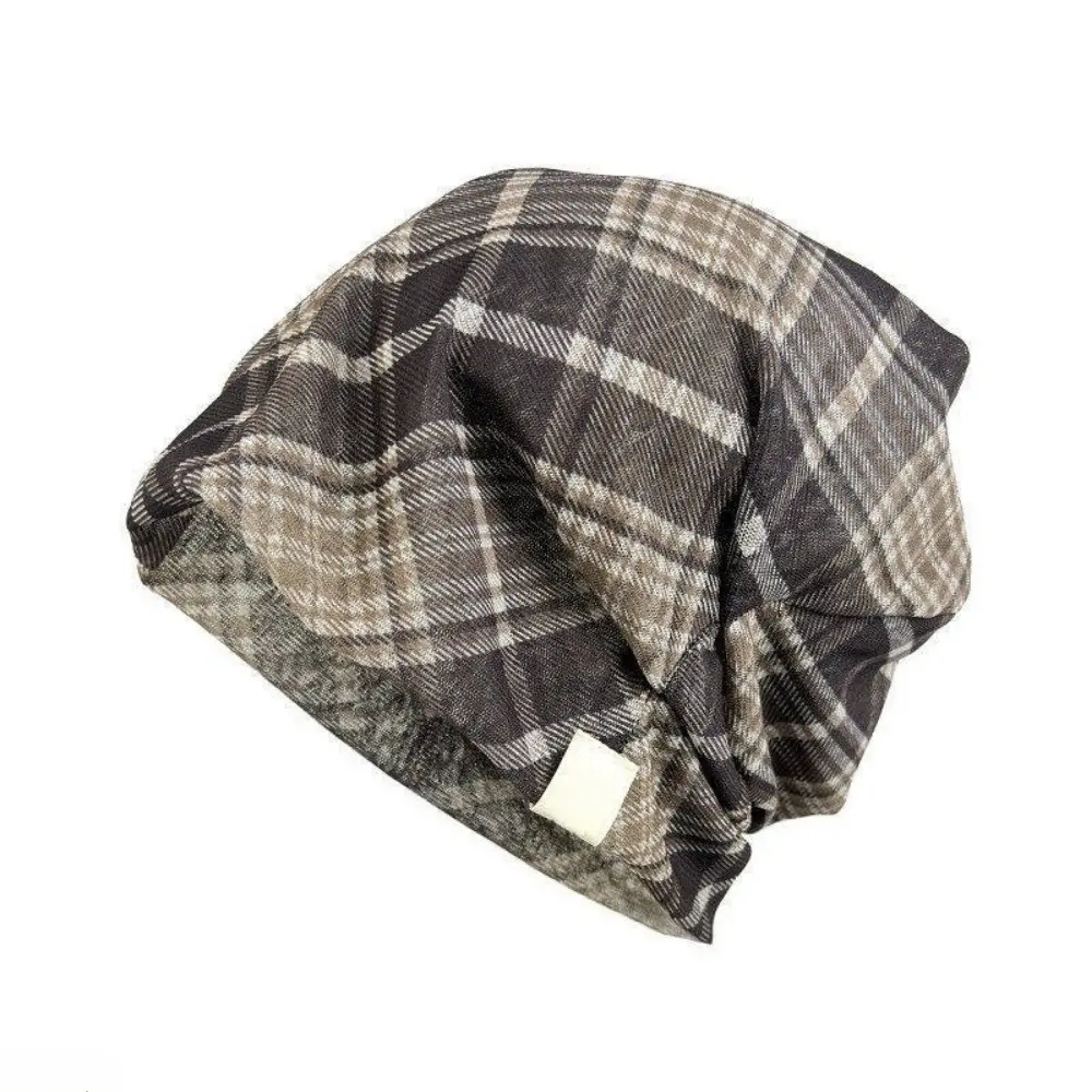 Retro Plaid Lightweight Elastic Multi-Use Slouchy Beanie for Men-Women, Casual Ruched Breathable Skull Cap, Spring-Summer Head Wrap (Bag Accessory Charm), Wasteland
