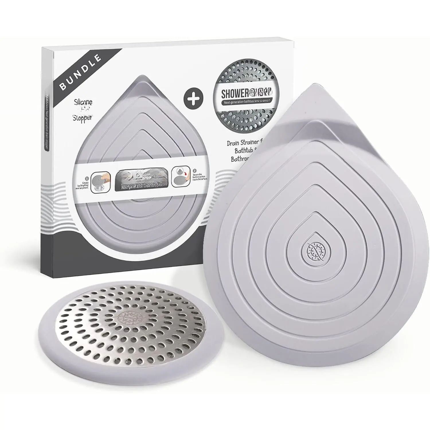 Drain Hair Catcher & Stopper Combo –  Shower + Stop Set for Bath & Sink | Stainless Steel Strainer +  Drain Plug | Clog-Free,  Fit (Gray, 2 Pack)