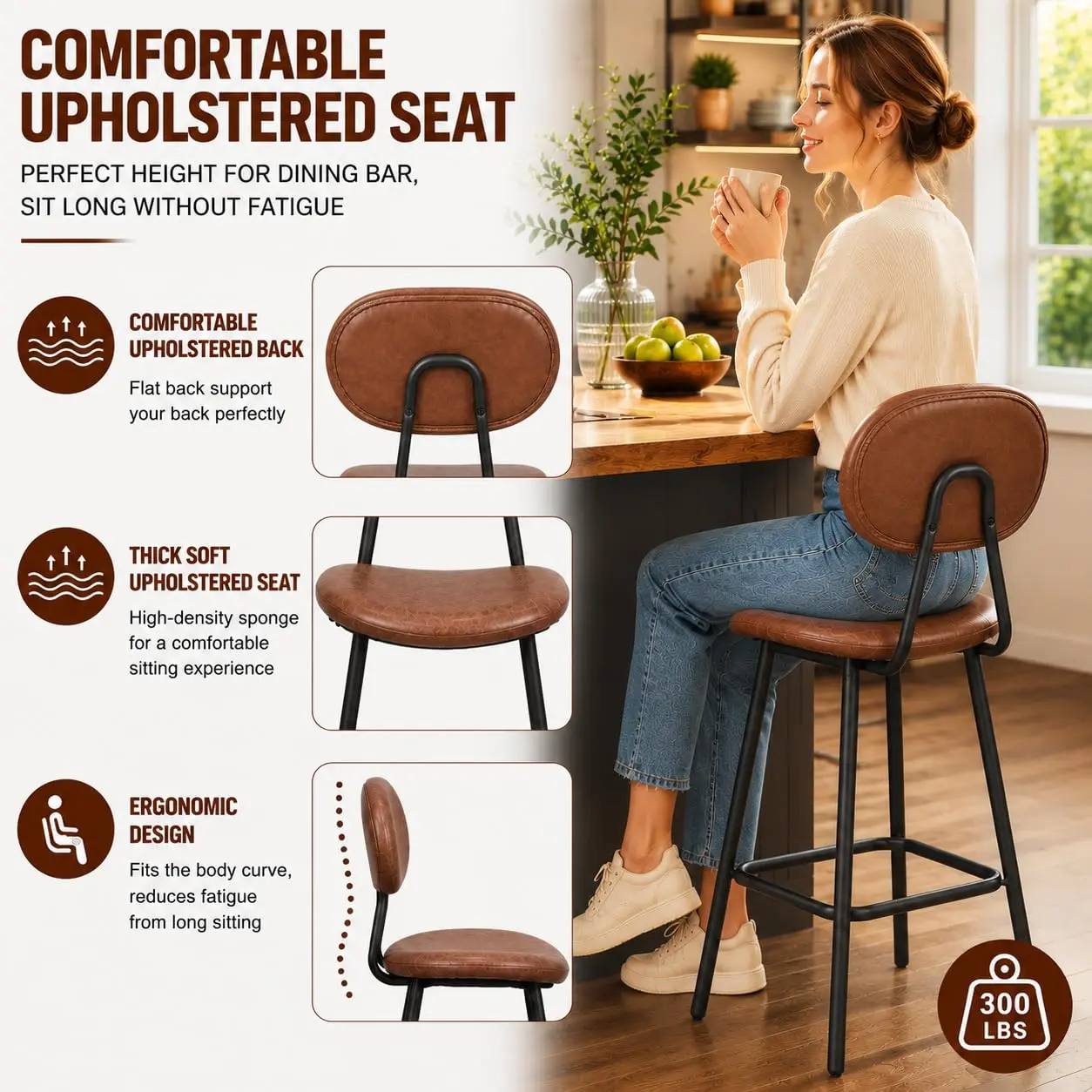 1pcs Brown Faux Leather Bar Stool with Backrest – Padded comfort seat, sturdy metal frame, sleek minimalist design. Easy to assemble and clean. Great for kitchen islands, breakfast bars, dining rooms, and home offices.
