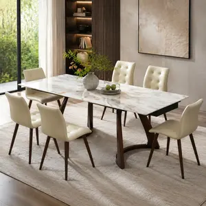 Expandable Dining Table 63"-94.48", Imitation Sintered Stone Top, Dark Walnut Solid Wood Base, Seats 6
