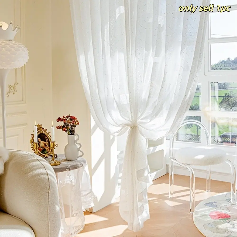 French Style Sheer Curtain with Sequins, Casual Drapes for Bedroom Balcony Living Room, Light-Filtering Non-Sheer Design