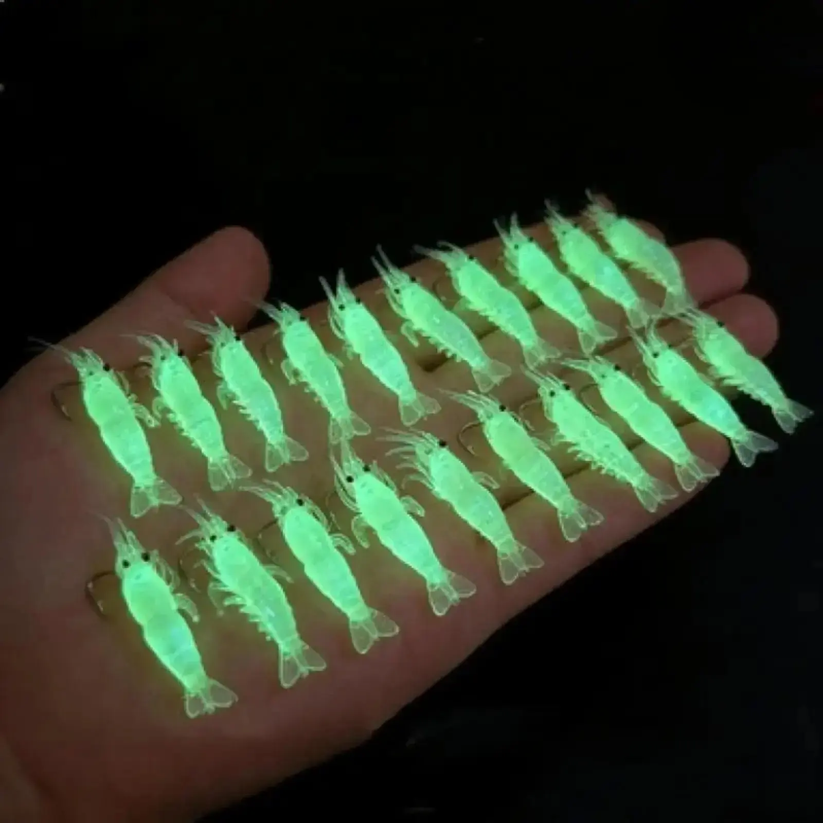 20PCS Soft Plastic Glow Shrimp Fishing Lures with Built-In Hooks, Realistic Luminous Baits for Night Fishing, Durable Shrimp Soft Bait Kit for Bass, Trout, Freshwater & Saltwater Angling