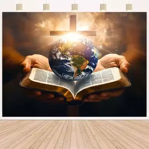 2D Flat Banner 1pc, Holy Polyester Background, Cross and Open Bible Design, Multi-Use Wedding, Birthday, Christmas Decorations