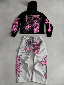 Trendy Angel & Thorn Print Hoodie Set, Contrast Colors, Fitted Short Top + Wide-Leg Pants, Streetwear Must-Have