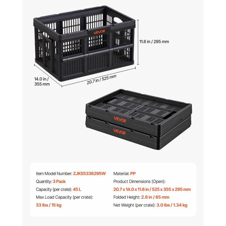 VEVOR Plastic Collapsible Storage Bins, 45L 3 Packs, Stackable Folding Storage Crates with Handles, Holds 33 lbs Per Bin, Foldable Heavy Duty Containers, Space-Saving Baskets, for Home Organizing