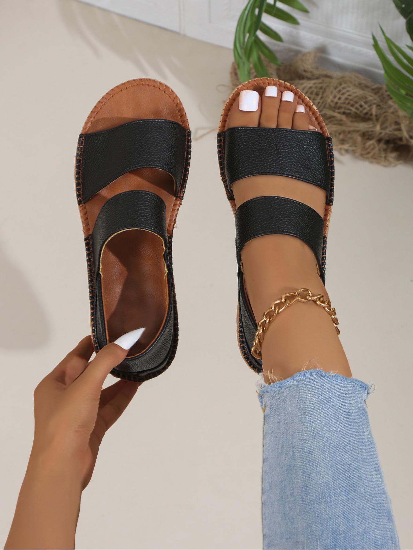 Women's Fashionable Solid Color Sandals, Leather Sandals, Elegant Sandal, Casual Comfortable Sandals for Summer, Female All-match Open Toe Sandals for Daily Wear, Walking Shoes, Footwear Strap Slides