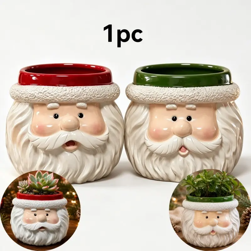1Pc  Santa Claus Ceramic Planter Succulent Flowerpot Kawaii Cute Cozy Farmhouse Aesthetic Red Green Painted Small Bonsai Flower Pot Container Plant Lover Home Desk Decor Christmas